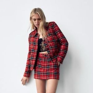 ZARA CO-ORD RED PLAID TEXTURED SET ♥️ JACKET(S) & SKORT(M)